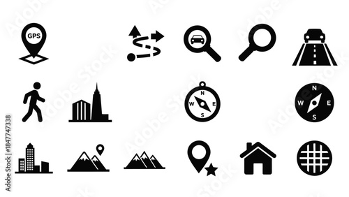 Collection of Navigation and Location Icons for Digital Design and Apps
