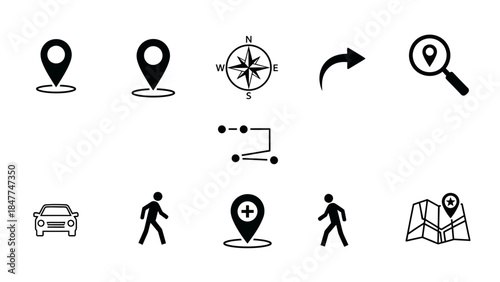 Collection of Navigation and Location Icons Featuring Maps and Directions