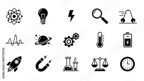 Collection of science and technology icons representing innovation discovery and research endeavors