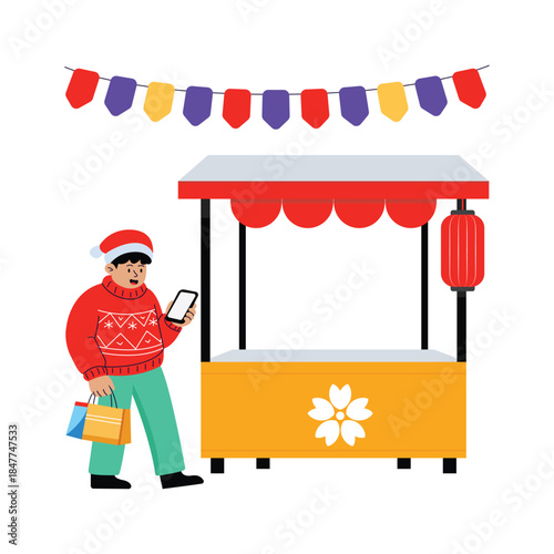 A trendy flat illustration of a man doing shopping for new year party