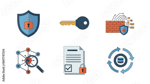 Collection of security and data protection icons with shield lock key firewall and database elements