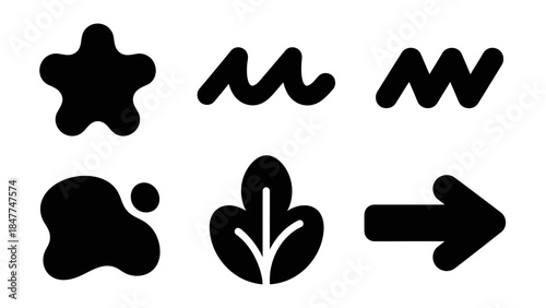 Collection of simple black graphical icons on a white background representing various shapes and