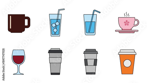 Collection of various beverage icons including coffee cups and glasses