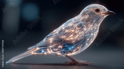 Neon bird with digital matrix background glowing with electric grids, futuristic wildlife digital design with glowing cybernetic neon accents