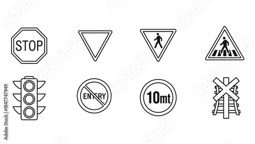 Collection of various road traffic and safety signs in line art style