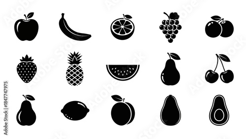 Collection of various fresh fruits in minimalist black and white icon style