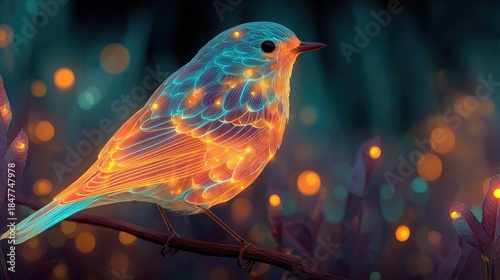 Neon bird with fireflies glowing with bright electric points, whimsical digital wildlife design with glowing neon insects around bird silhouette