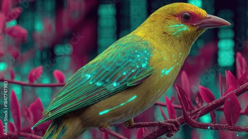 Neon bird with digital matrix background glowing with electric grids, futuristic wildlife digital design with glowing cybernetic neon accents