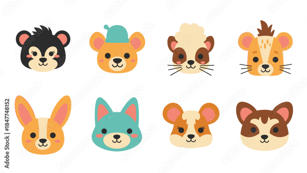 Fototapeta premium Cute cartoon animal faces collection for children's illustrations and designs