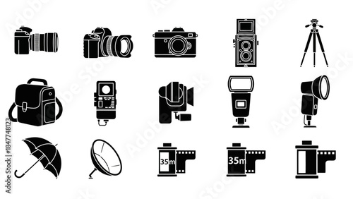 collection of vector icons representing various photography equipment and accessories