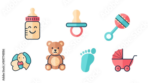 Cute collection of baby icons including a bottle teddy bear pacifier and pram