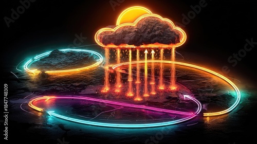 Neon water cycle glowing with evaporation, condensation, precipitation paths, vibrant neon science diagram for educational use or weather visuals