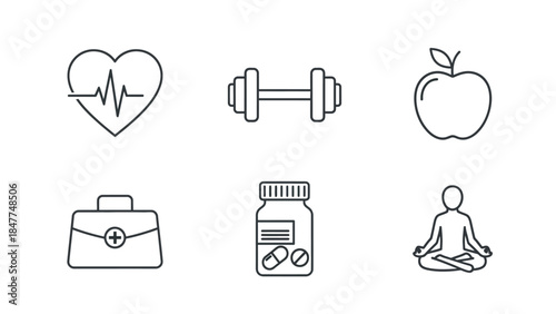 Health and Fitness Icons Representing Wellness Exercise Nutrition and Medical Care