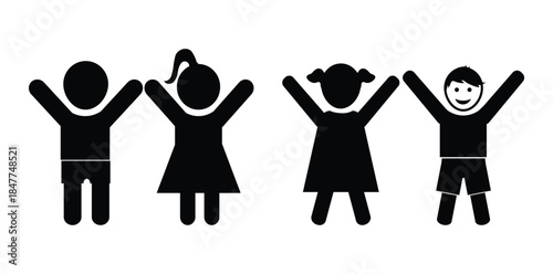 Boy and Girl Children Icons Showing Happy Poses in Flat Silhouette Style. kid icon boy girl Children figures icon in black isolated white background.