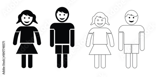 Boy and Girl Children Icons Showing Happy Poses in Flat Silhouette Style. kid icon boy girl Children figures icon in black isolated white background.