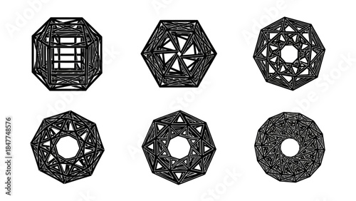 Intricate Geometric Wireframe Structures and Polyhedral Designs Abstract Art