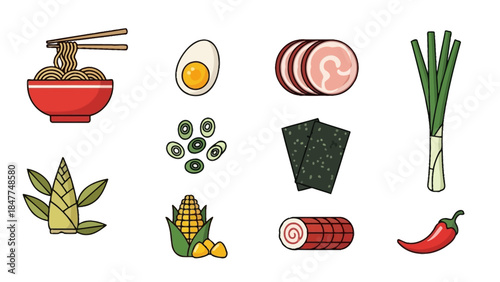 Japanese Ramen Ingredients Collection Vector Illustration