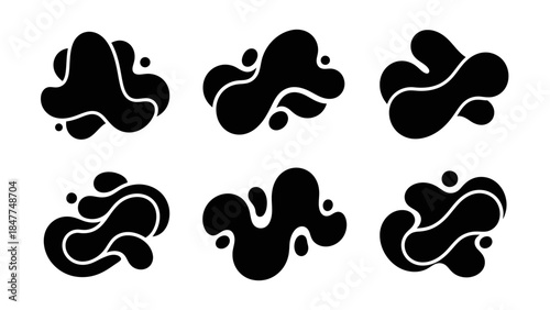 Set of abstract black organic liquid shapes and blobs with smooth curves isolated on white