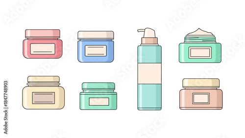 Set of colorful cosmetic containers jars and pump bottle for beauty products