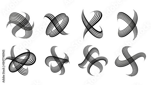 Set of eight abstract black and white swirling ribbon-like graphic elements