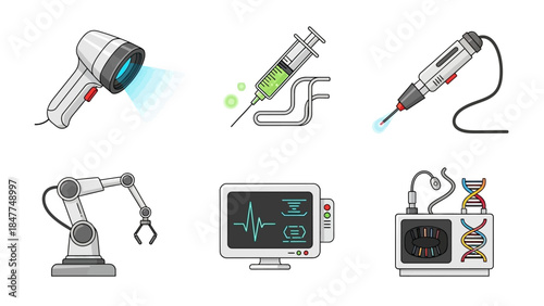 Set of futuristic technology and medical equipment icons representing innovation and progress