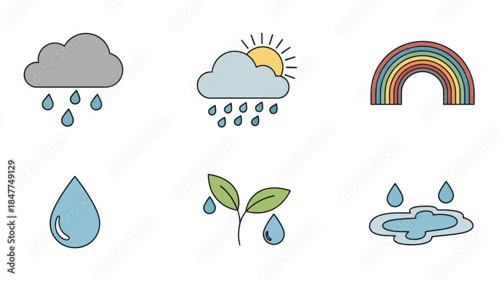 Fototapeta premium Set of simple weather icons representing rain, sunshine, rainbow, water drop, plant and puddle