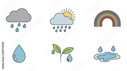 Set of simple weather icons representing rain, sunshine, rainbow, water drop, plant and puddle