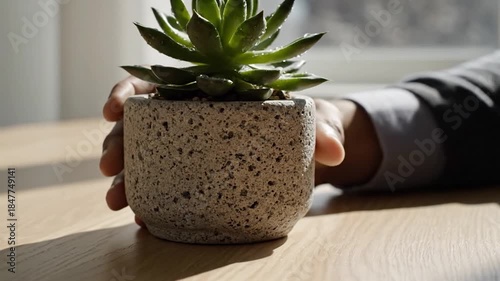Holding a Potted Plant on a Sunny Tabletop - A Close-Up.