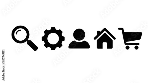 Set of user interface icons for website navigation and settings including search and shopping cart