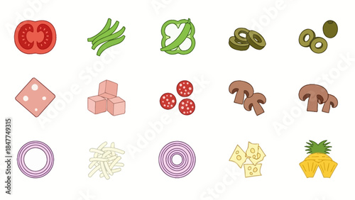 Various delicious ingredients for making pizza or salad presented in flat design