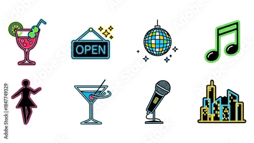 Vibrant Neon Icons Representing Nightlife Entertainment and Cityscape