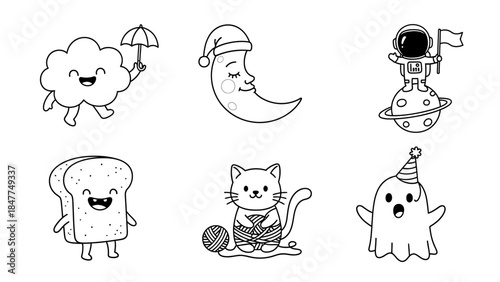 Whimsical Doodles of Cute Characters Cloud Moon Astronaut Toast Cat and Ghost