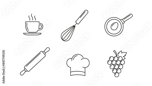 A collage of kitchen utensils and food icons for cooking and culinary themes