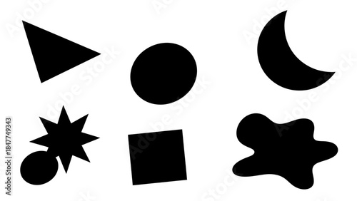 A collection of assorted abstract black geometric shapes on a white background