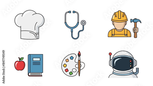 A Collage of Simple Flat Icons Representing Diverse Professions and Activities