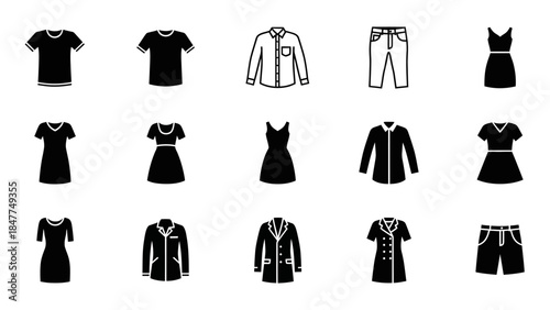 A Collection of Clean and Modern Black and White Fashion Icons Representing Various Apparel Items