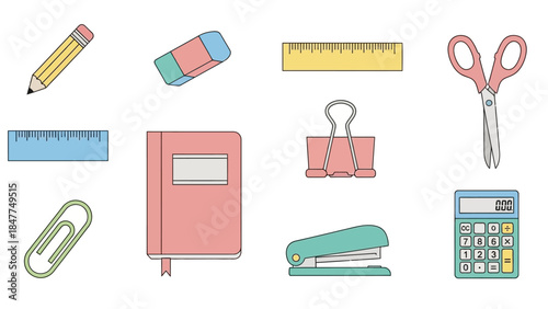 A colorful assortment of essential office and school supplies displayed in a flat design