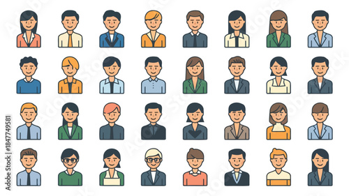 Diverse group of cartoon people with different hairstyles and clothing styles, representing various professions and ages