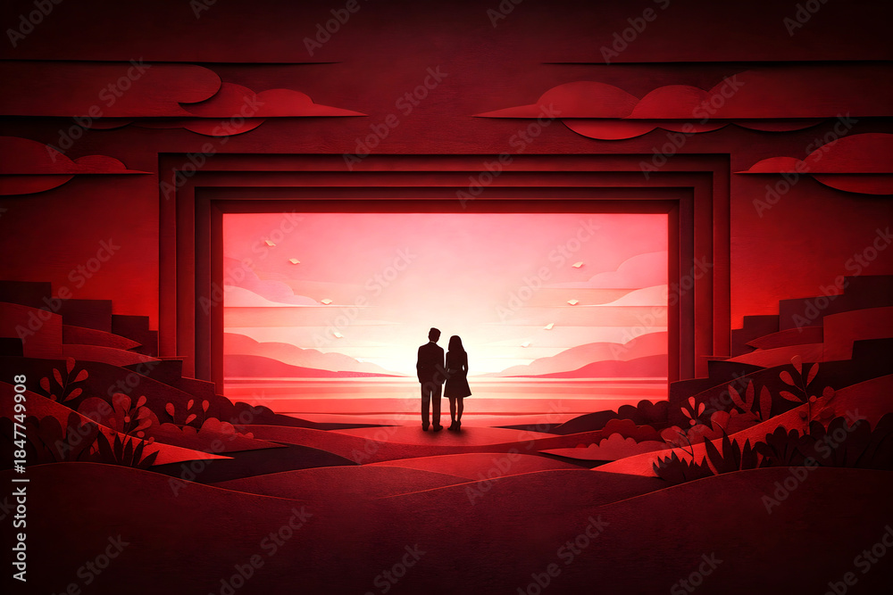 Fototapeta premium Paper-Cut Romantic Gateway – Couple Walking Toward a Shared Love Horizon