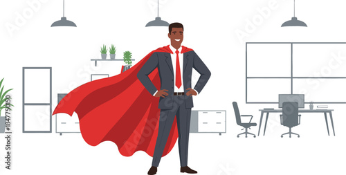 Confident Black Businessman Wearing a Red Superhero Cape, Symbolizing Business Leadership, Corporate Heroism, Power, and Professional Success in the Office.