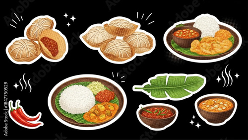 Sri Lankan Food Halftone Collage Cutout Elements with Tropical Retro Mixed Media Vector Style on Black Background