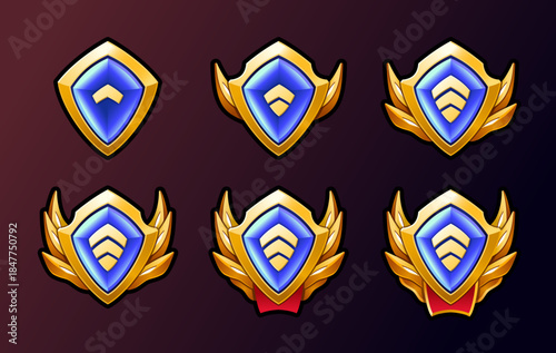 Rank level patent gold badges bundle. Ribbon and wings. High quality illustrations. Perfect for games achievements.