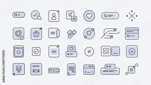 Set of various icons representing different functions and actions in a user interface