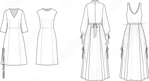 Women dress design collection technical fashion illustration featuring midi and maxi silhouettes with gathered waist and adjustable ties