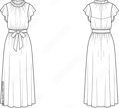 Women flutter sleeve maxi dress technical fashion illustration with ruffled neckline, fitted waist tie, and flowing skirt