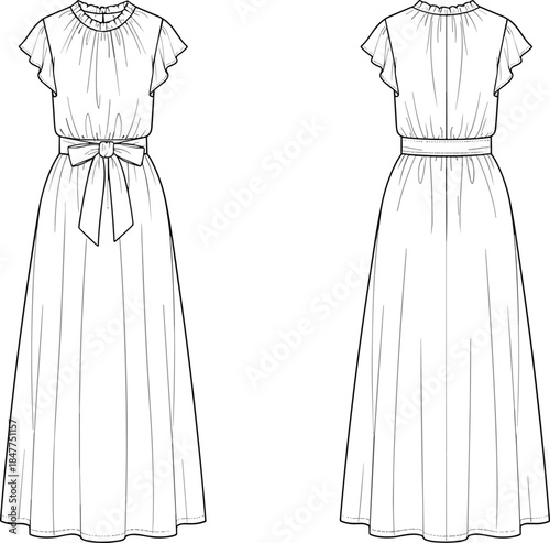 Women flutter sleeve maxi dress technical fashion illustration with gathered neckline, self tie waist, and flowing skirt