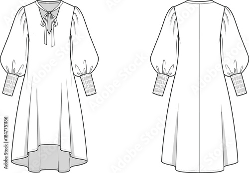 Women long sleeve midi dress technical fashion illustration with tie keyhole neckline, balloon sleeves, smocked cuffs, and high-low hem