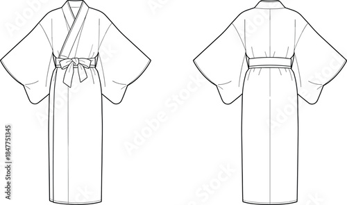 Women wrap kimono dress technical fashion illustration with wide sleeves, waist tie belt, straight skirt, and clean minimal silhouette