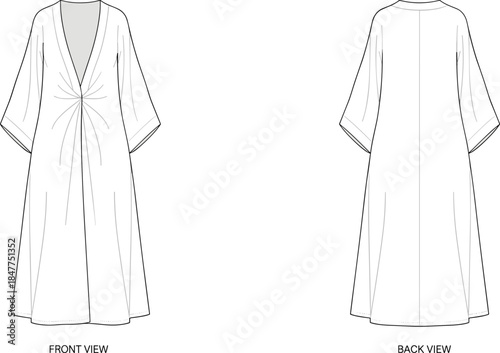 Women wrap-style midi dress technical fashion illustration with deep V-neck, gathered waist detail, relaxed sleeves, and clean back seam