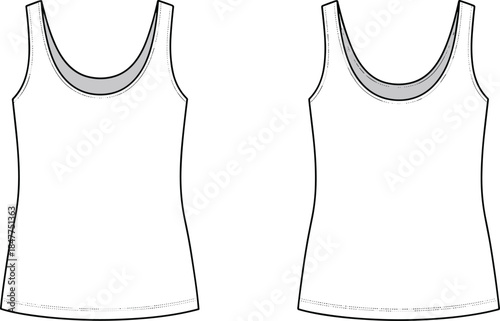 Women’s basic sleeveless tank top technical fashion illustration with scoop neckline and clean hem, front and back views